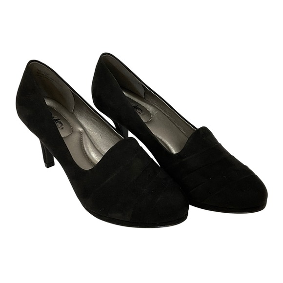 Coach and four suede feel black heels 3" slip on closed toe women's sz 9 fabric - Picture 1 of 8